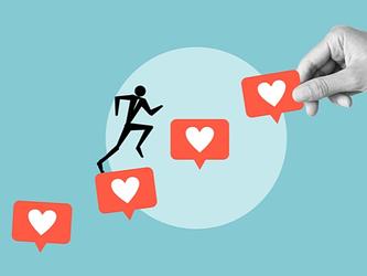 graphic of person climbing a ladder of social media hearts